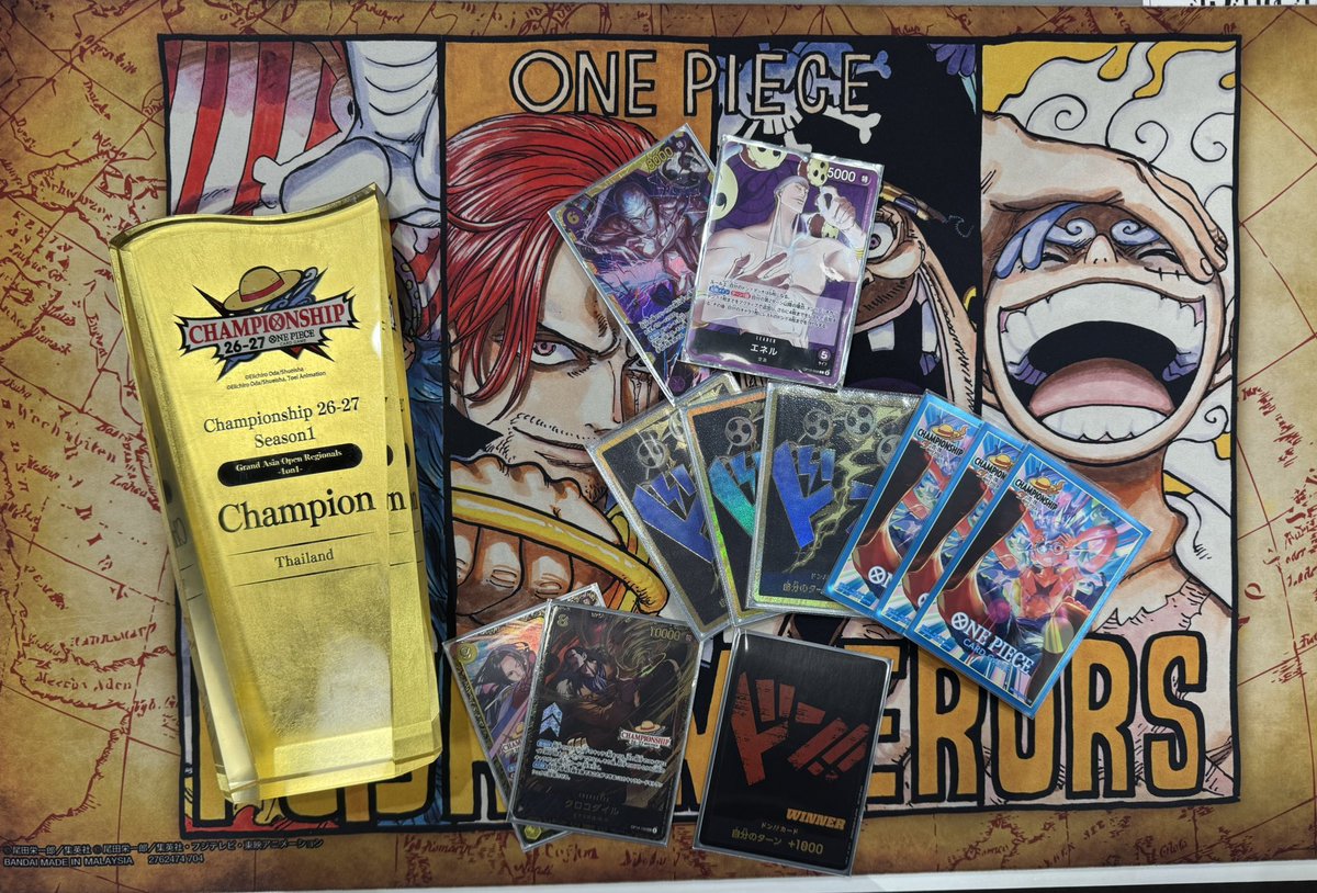 Wasinhaa's tweet photo. Thai CS 1v1 Wave 1 2026 
Deck: Enel Purple 
R1: Mihawk Green✅
R2: Mihawk Green✅@spaghetteie1 
R3: Rocinante purple yellow ✅
R4: Enel Purple  ✅
R5:  Enel Purple ✅

Thank you everyone for your support. I will do it again.
Regarding the OP16.5 update, I'll update it as soon as possible.
