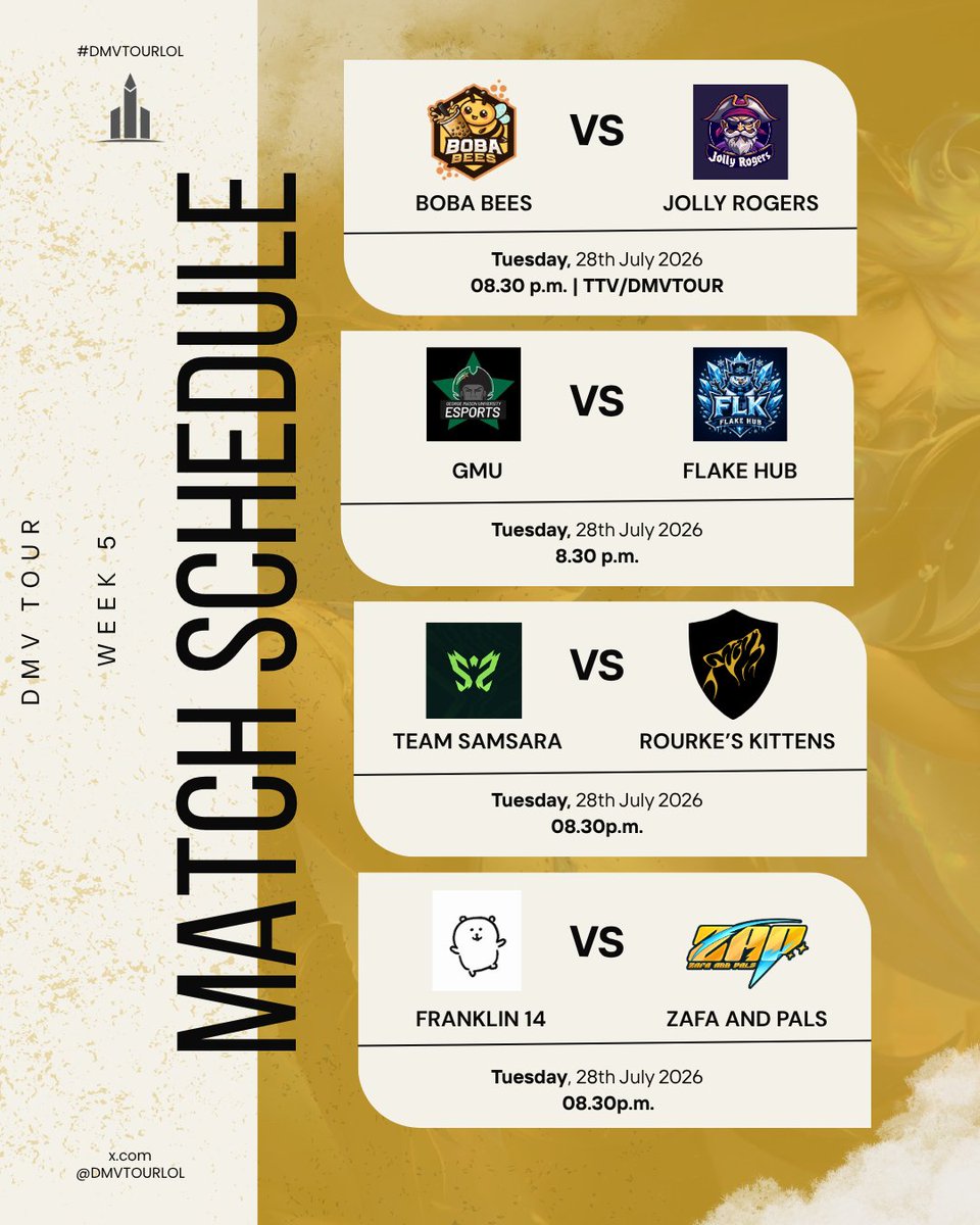 DMVTourLoL's tweet photo. Week 5 is here 🔥

The final week of the regular season is upon us.

Who's locking in their spot at LAN?

#DMVTour #Esports #LeagueofLegends https://t.co/6Wn08tYqoA