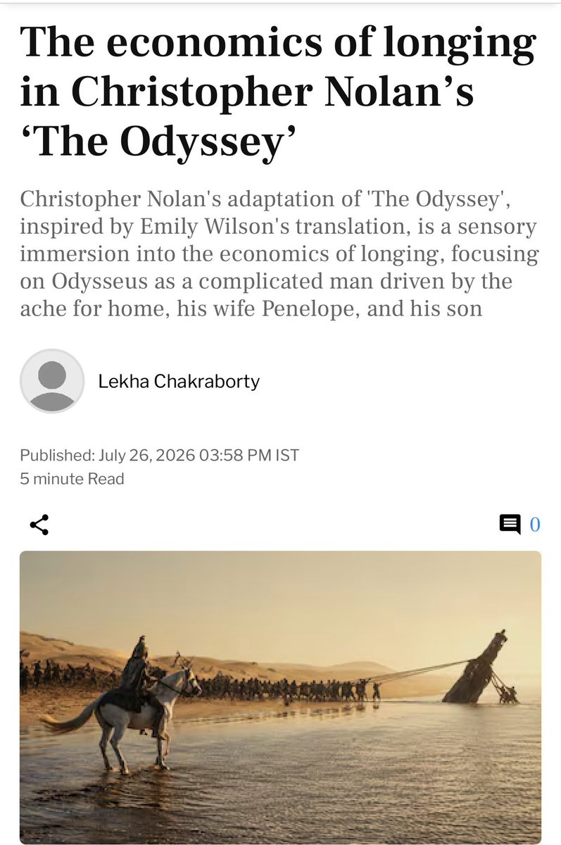 lekhachakrborty's tweet photo. [Sunday Review_The Week_Lekha Chakraborty] 

The economics of longing in Christopher Nolan’s ‘The Odyssey’ - #LekhaChakraborty writes for #TheWeek

Read here:  https://t.co/7IGeCqAVm9 #SundayReview https://t.co/qlES9zw5qo
