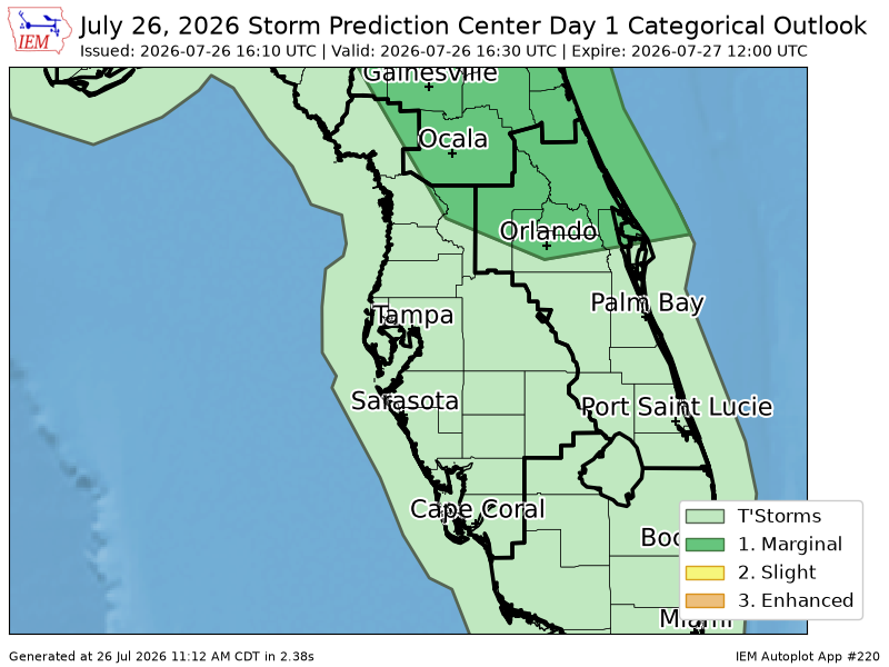tychistorm's tweet photo. #SPC issues Day 1 Marginal Convective Risk at Jul 26, 16:10z for TBW https://t.co/vlDQtxa3yy https://t.co/BPKGlRRRKm