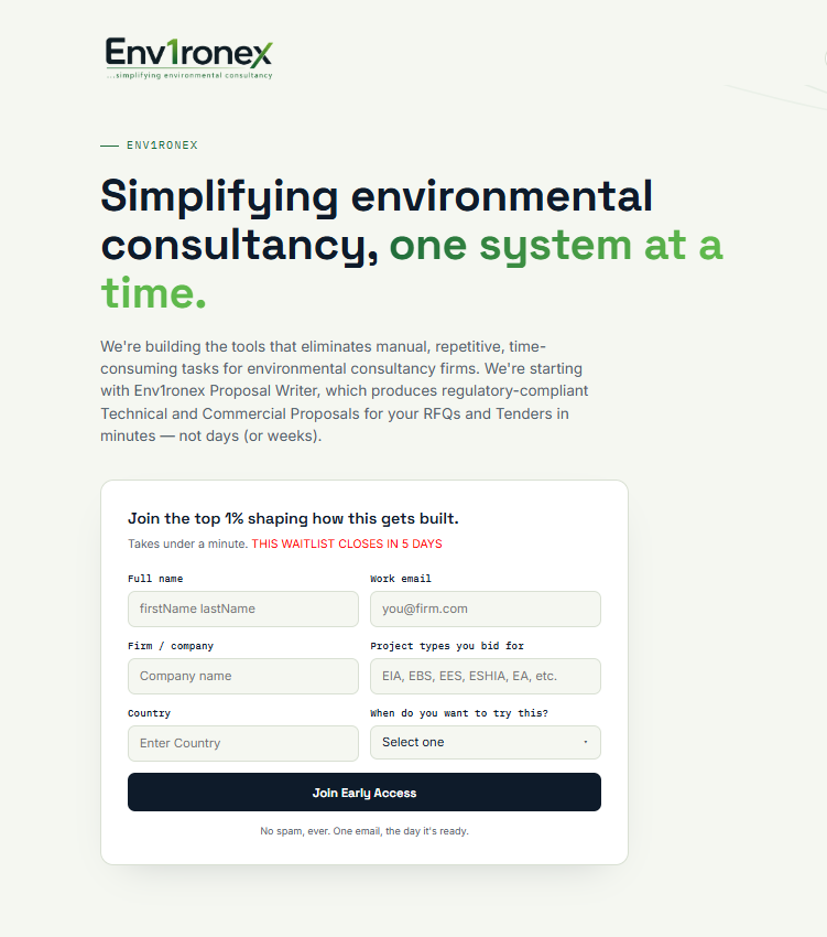 automatewithjae's tweet photo. Before I started building AI systems, I spent over 15 years in environmental consultancy, and I always dread the proposals and report preparation season.

Once an RFQ lands in our inbox, the race against the deadline would begin. We'd dig through folders looking for similar projects, pull together old technical proposals, check compliance requirements against the client's scope, manually populate commercial pricing line by line, format endless documents, then send everything through multiple rounds of review.

If several tenders arrived at the same time, then we’ll have to pull all-nighters. 

That experience is one of the reasons I started building Env1ronex, AI-powered systems designed specifically to simplify environmental consultancy. And we’re starting with the AI-Powered Proposal Assistant.

Here's how it works.

When you upload a tender/RFQ/RFP, the assistant matches it against your previous technical proposals, rate cards, compliance documents, and templates. It then prepares a regulation-ready technical and commercial proposal, complete with fieldwork activities, laboratory costs, mitigation measures, and pricing, leaving your specialists to focus on reviewing and refining instead of starting from scratch.

It also keeps all your compliance documents in one place, tracks expiry dates, and automatically reminds you in 60, 30, and 7 days before permits or certifications expire. That means no more last-minute scrambles because a document wasn't current.

Work that once took days (or even weeks) can now be completed within hours of the same day, without the time-consuming, nerve-wrecking, repetitive, manual labour.

The goal is eliminate repetitive work that slows consultants down, so they can spend more time applying their expertise and less time copying, searching, formatting, and chasing paperwork.

The workflow and logic mapping are done. Next is making every node run seamlessly from start to finish, stress-testing it with real proposal volumes, and optimizing AI performance and token usage.

If there’s one repetitive task in your business that consumes far more time than it should, I may help build a smart solution around it for you. Tell me about it here: https://t.co/UnbYiUqFTS

And if you'd like to follow what we're building at Env1ronex as it develops, join the exclusive early access here: https://t.co/ur2qP9szEL