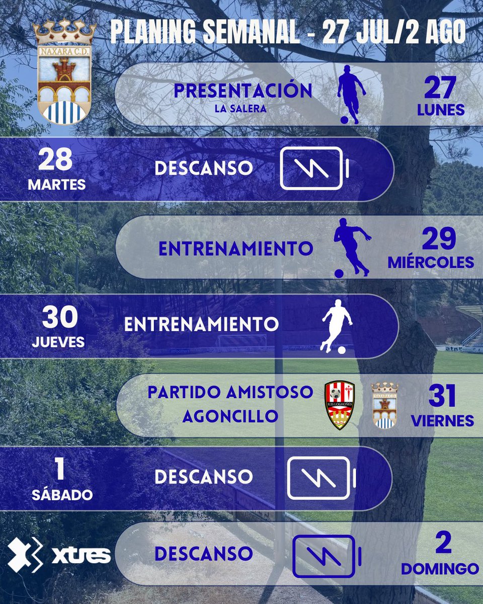 Naxaracd's tweet photo. 🏋️‍♂️ Planning semanal ofrecido por X Tres Sport.

¡Se terminó la espera! 💪

📅 Mañana, lunes, a las 19:15 h, nuestro primer equipo echará a andar en una temporada diferente, que afrontamos con muchísima ilusión.

🏟️ Os esperamos a todos en LA SALERA para acompañar al equipo. https://t.co/5PUGQSs1np