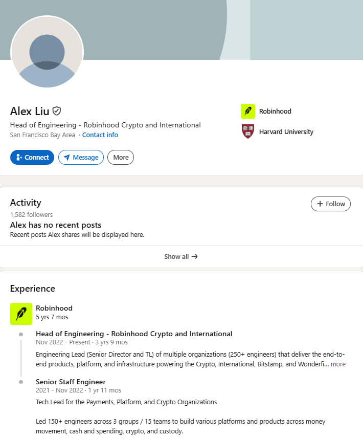 Coco_RHDog's tweet photo. Definitive proof that Alex Liu is the head of Engineering at the Robinhood Crypto and International department.

Which means that he was the key component in the creation of the Robinhood blockchain.

Created not without the help of our beloved Coco.

https://t.co/EuIkWGSHGJ https://t.co/40oCCvllTh