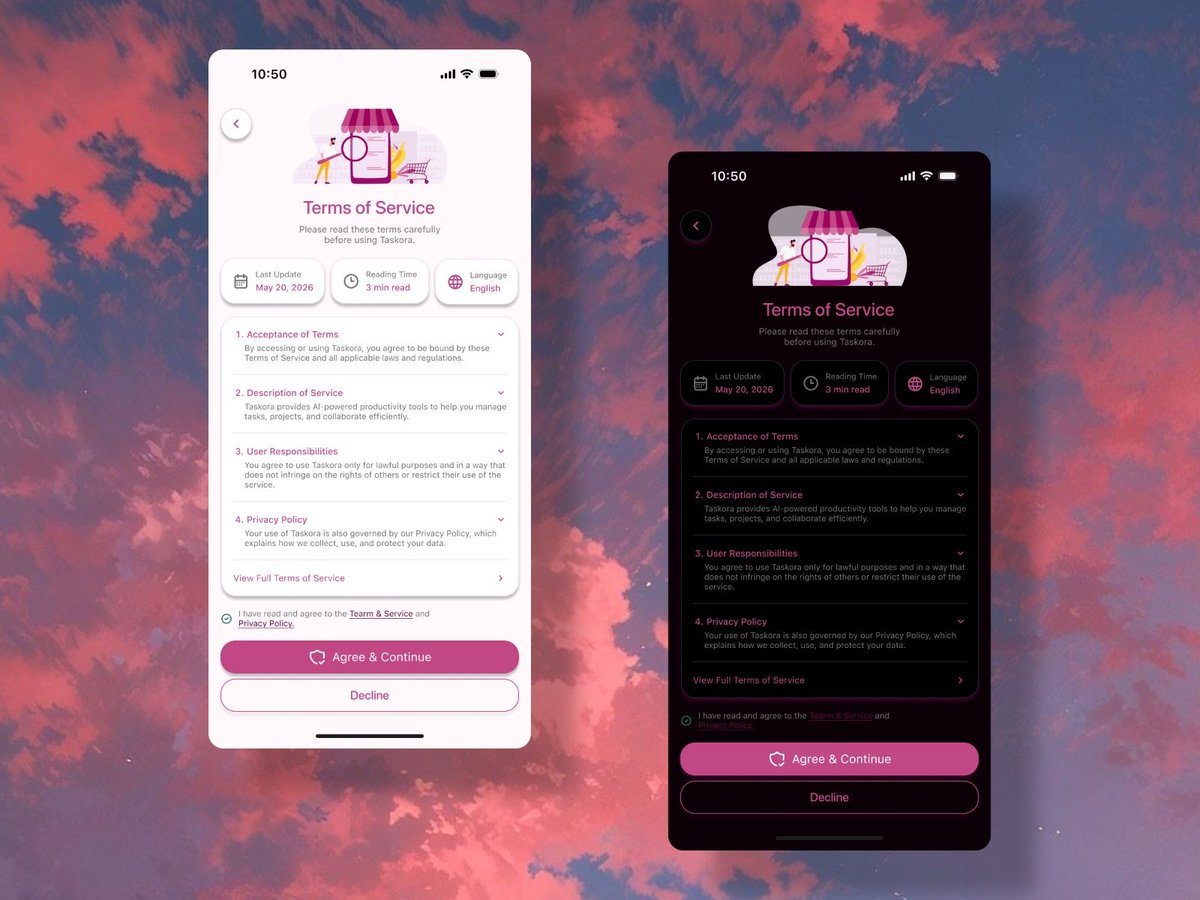 _pushkar0's tweet photo. Daily UI #89 — Terms of Service | Light &amp; Dark Mode UI
Designed a clean and modern Terms of Service screen with both Light and Dark themes. 
#DailyUI #Day89 #TermsOfService #UIUX #UIDesign #Figma #MobileDesign #AppDesign #DarkMode #LightMode #DesignChallenge #ProductDesign https://t.co/Fbf1MYParX