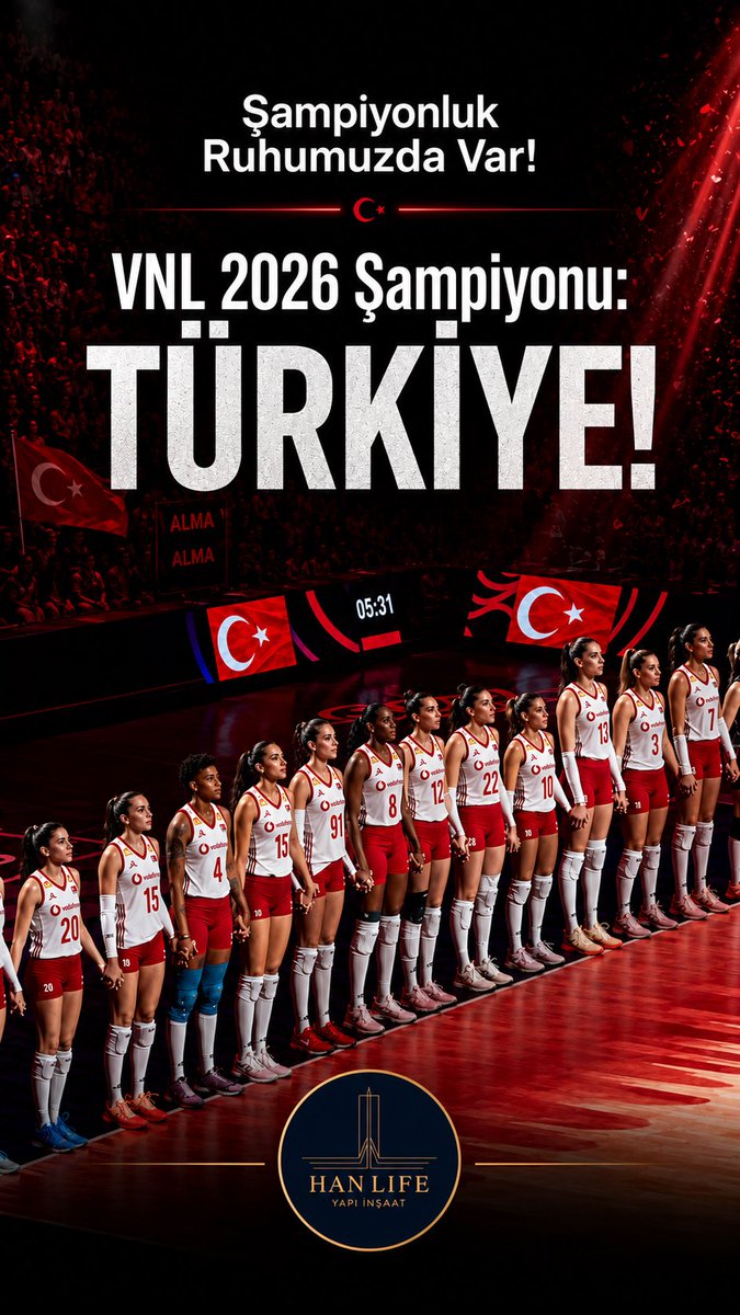 HanLifeYapi's tweet photo. Şampiyonluk tesadüf değildir. Disiplinin, emeğin ve vazgeçmeyen bir ruhun sonucudur. 🇹🇷 VNL 2026 Şampiyonu Filenin Sultanlarını yürekten kutluyoruz. https://t.co/aRUfIrLxve
