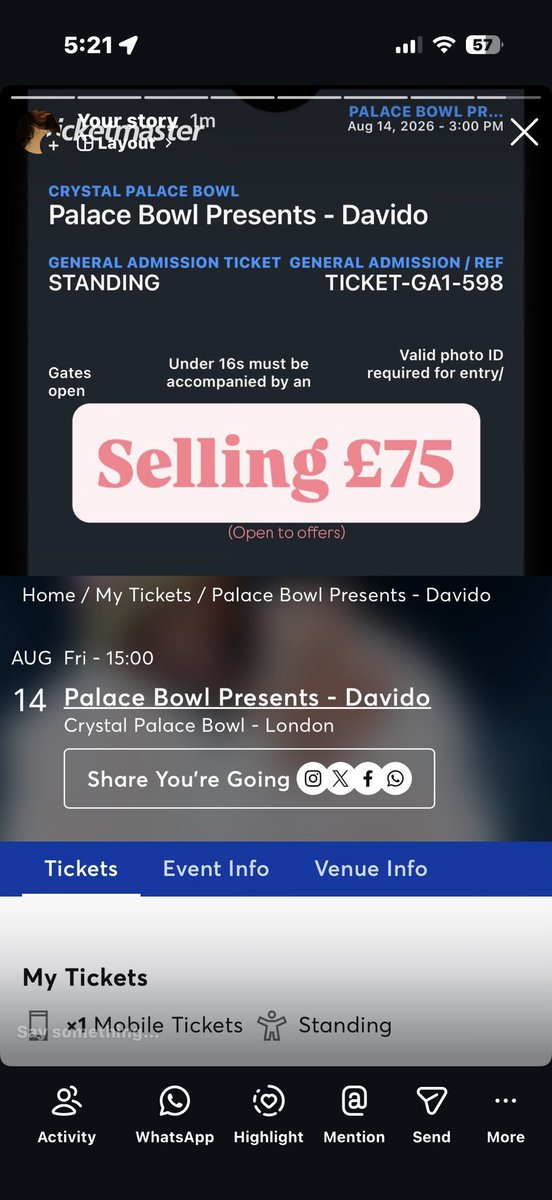 xvitkfa's tweet photo. Someone please take this Davido ticket off my hands. 
Crystal Palace 14th August!! https://t.co/O90KsDn6sK