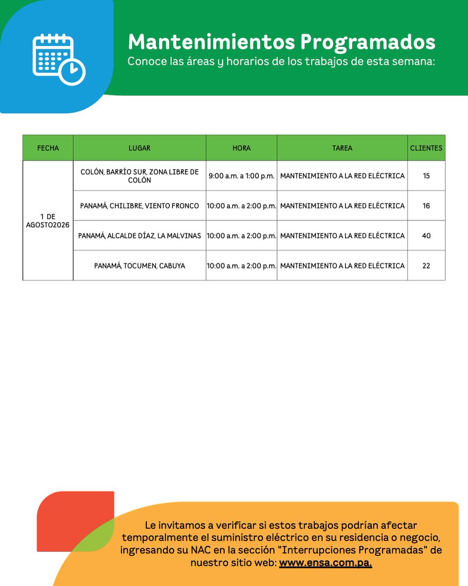 ENSApanama's tweet photo. SEGUIMOS TRABAJANDO para asegurar que la energía llegue de manera confiable a todos los hogares de nuestros clientes. Por eso debemos realizar mantenimientos preventivos.

Conoce los mantenimientos de esta semana.
Ensa, somos gente que ilumina. 💡

#ensa #mantenimientosprogramados