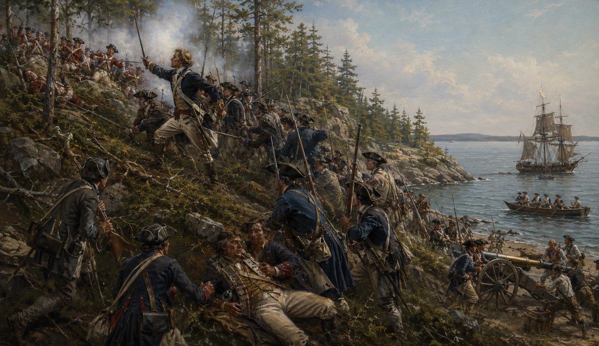 SWOConnell's tweet photo. Rev War Tales
The Marines Have Landed
26 July 1779, Nautilus Island, Penobscot Bay, Massachusetts ( present-day Hancock County, Maine). During the ill-fated Penobscot Expedition, Captain John Welsh led approximately 150–200 Continental and Massachusetts Marines in a daring amphibious assault on Nautilus Island (also known as Banks Island). Scaling a steep, wooded cliff under fire, the Marines quickly overwhelmed a small British detachment manning a battery of four guns. The swift 20-minute action secured the strategic island, which commanded the harbor entrance. Colonel Paul Revere then landed with his artillerymen, repositioned the captured guns, and established a new American battery to threaten British warships under Captain Henry Mowat. Captain Welsh was mortally wounded leading the charge.  #RevWar #AmRev #History #RevWarTales
