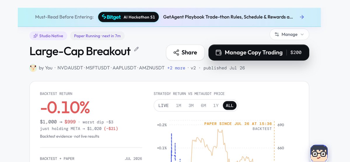 Mbura80's tweet photo. Everyone talks about using AI to trade. I wanted to see if it could actually follow a strategy without emotions.
That’s why I’m joining the #GetAgent Playbook Trade-thon with my first published Playbook: Large-Cap Breakout.
It targets Bitget RWA US stocks-NVDA, MSFT, AAPL, AMZN, META, and GOOGL…and looks for confirmed breakout opportunities while managing risk with predefined exits and position sizing.
I chose this strategy because large-cap stocks usually produce cleaner momentum than chasing random market moves. Rather than making emotional decisions, I wanted a rules-based approach that can be tested, refined, and improved over time.
This is just the beginning, and I’m looking forward to seeing how the Playbook performs as paper trading continues while learning from other builders in the Trade-thon.