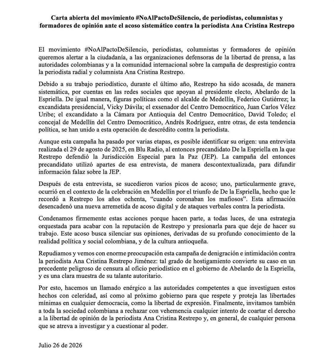 pedroazuluaga's tweet photo. La persecución a periodistas y opositores no se puede volver normal. Es un quiebre del que no se vuelve.

Carta de apoyo al trabajo de la periodista Ana Cristina Restrepo.

#YoApoyoAAnaCristina https://t.co/fByMB9PpVv