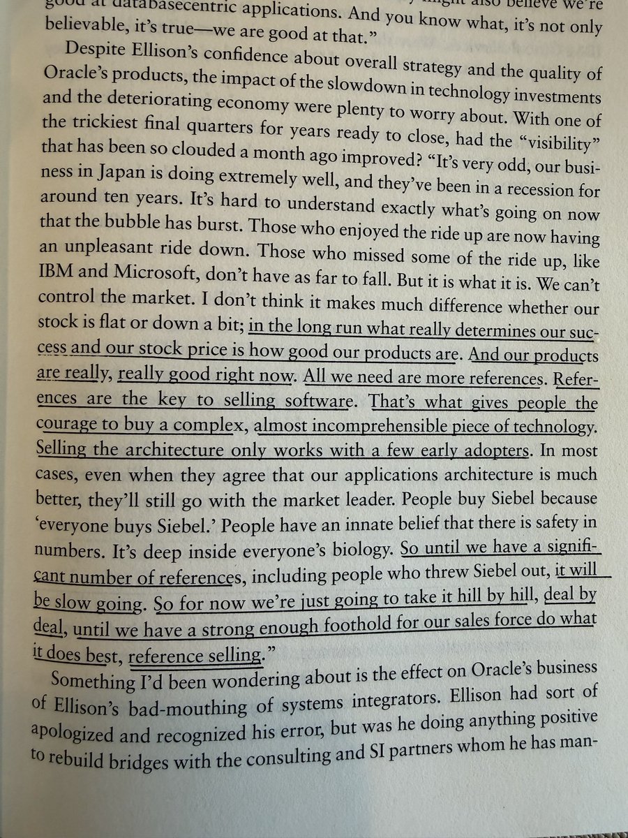 zackkanter's tweet photo. Larry Ellison in 2001 on the power of references when selling a complex B2B product – even at Oracle’s then-$10B revenue scale, new products were a deal-by-deal slog until there were sufficient references. 

(book is Softwar) https://t.co/sI2rtgQioY