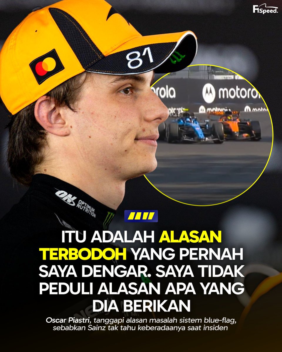 f1speed_indo's tweet photo. 🚨 Carlos Sainz dihukum penalti 5 detik karena sebabkan senggolan dengan Oscar Piastri yang mencoba menyalipnya sebagai backmarker.

Williams mengatakan apabila Sainz tidak mengetahui keberadaan Piastri karena adanya masalah pada sistem blue-flag. Hal itu meringankan penaltinya dari 10 detik jadi 5 detik saja.

Ketika diberitahu alasan tersebut, Piastri tak bisa sembunyikan rasa kesalnya di media. Ia berpendapat kalau itu adalah alasan yang bodoh dan ia tak peduli dengan alasan yang Sainz & Williams berikan.

Menurutnya tim seharusnya memberi tahu apabila ada Piastri yang akan lakukan overlap dan Sainz bisa lebih awas dengan posisinya saat itu.

🗣️: "Saya tidak peduli apabila dia tidak melihat saya. Fakta kalau dia tidak dan tidak ada yang memberi tahu atau memang kurang awas adalah hal yang tidak dapat diterima. Dia bertarung dengan Fernando untuk posisi terakhir seperti rebutan juara dunia."