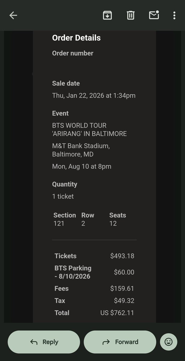 hobismemories's tweet photo. WTS

1 TICKET + PARKING 

City: Baltimore, MD @ M&amp;T Bank Stadium
Date: D1 on 08/10
Section/Seat: Section 121, Row 2, Seat 12
Parking Lot BC

Price: $762.11

Paypal G&amp;S. Can video call if wanted. Buyer pays fees. Going D2 with friends. 

@875tickets #875ticketsale https://t.co/hiowz3Mbo7