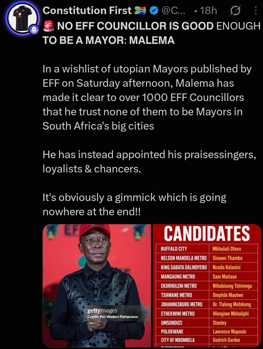 AndyPhylany's tweet photo. Parties been announcing it's Mayors for the incoming LGE kwathula, now the biggest threat which is the EFF has announced it's names for the candidates of being Mayors sekuyaphithizela...chest pains everywhere and everyone is an Analysist now...indeed Julius Malema is the wind. https://t.co/JtJ7frEWQc