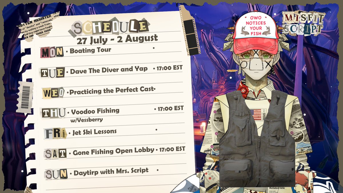 Misfit_Script's tweet photo. Off on a relaxing vacation this week with @Vessberry joining me on a fishing trip. and on saturday anyone who wants to join me as I play Gone Fishing just need to tune in and join the discord.

#evtuber #VTuberだって推されたい #gonefishing #totallyfine #papervtuber https://t.co/9YJhnYOCd7