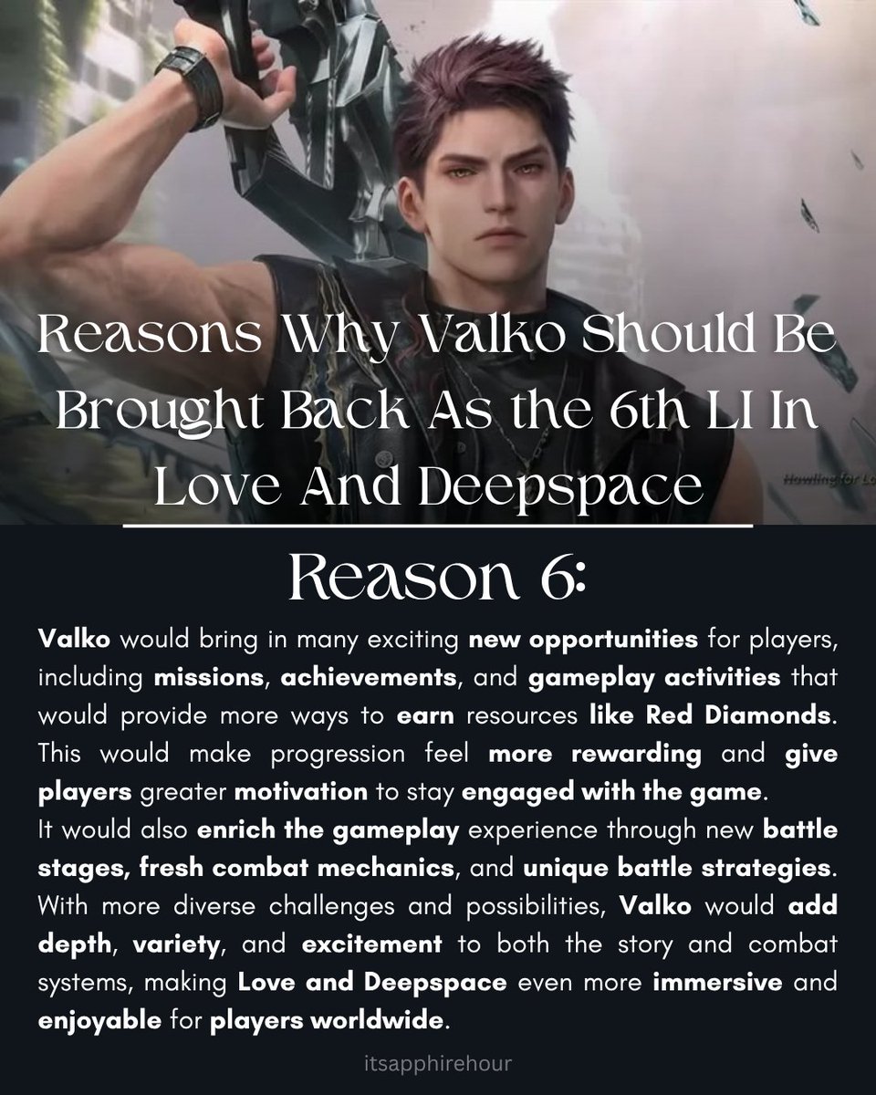itsapphireX's tweet photo. Reason 6 why Valko should be back as the 6th LI in Love and Deepspace. WITHOUT ANY CHANGES @Love_Deepspace 

#bringbackvalko #bringvalkoback #valkois6thli #valkoisloved #valkoisinnocent #valkoisvaluable #valko https://t.co/jDpVdHr7CM