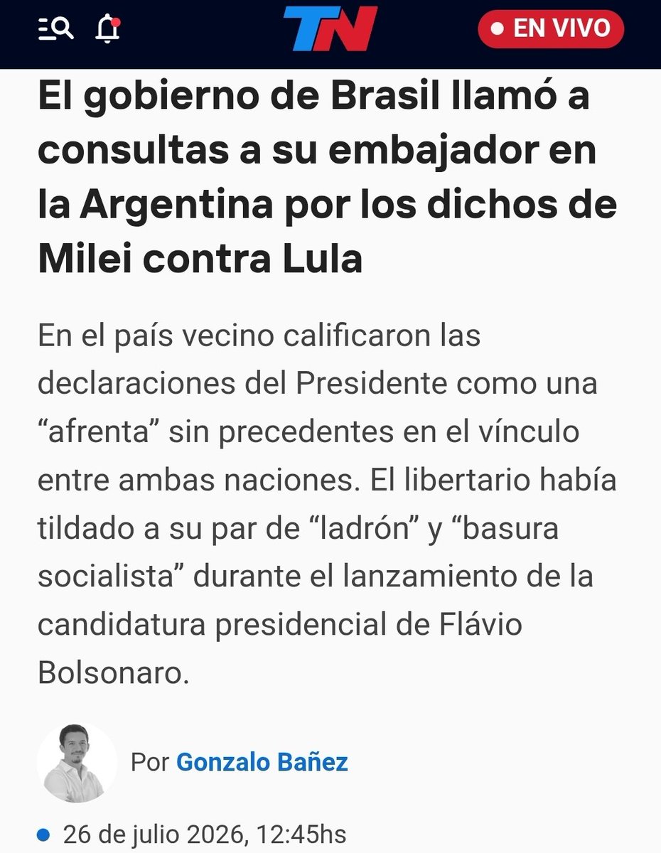 BiondiniCesar's tweet photo. El gobierno de Brasil convocó al embajador argentino para que dé explicaciones sobre los insultos de Milei contra Lula.
¿Qué va a decir el hombre? "Perdón, pasa que tenemos de presidente a un imbécil".
El problema no son las consecuencias políticas, sino las económicas. https://t.co/38pi44rAxP