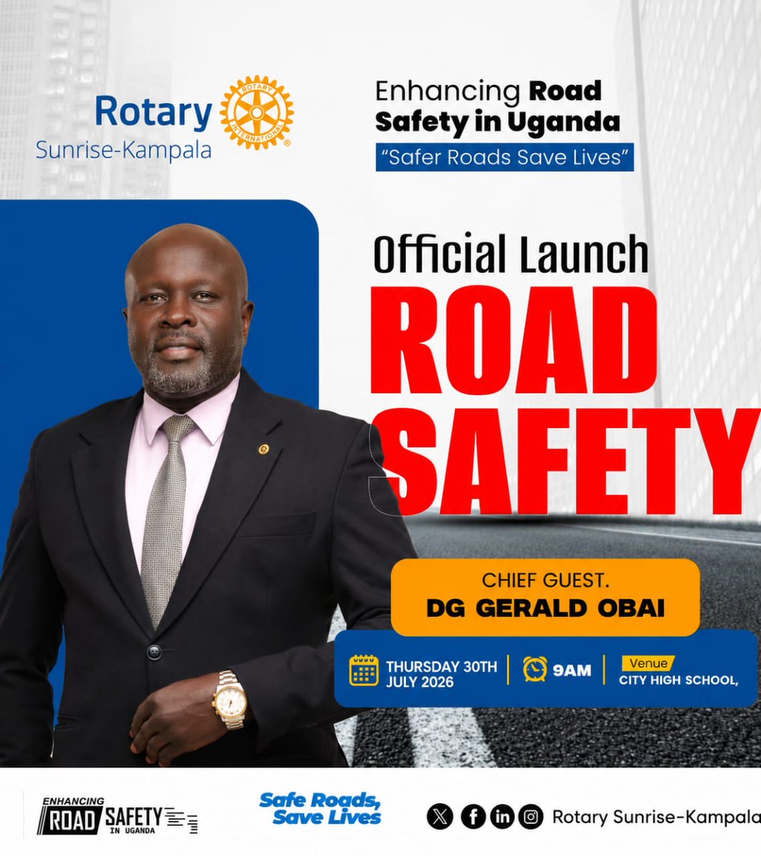 dgrotaryd9213's tweet photo. Every road tells a story — let's make sure it doesn't end in tragedy.

Honoured to serve as Chief Guest as we launch the RC Sunrise Road Safety Campaign, "Safer Roads Save Lives," this Thursday, 30th July, at City High School, 9 AM.

We'll be donating crash helmets and reflector vests to our Boda Boda riders, and formally launching a campaign to champion safer roads and responsible road use across Uganda.

One choice, one driver, one road at a time — together we save lives.

#SaferRoadsSaveLives  #RoadSafetyUganda