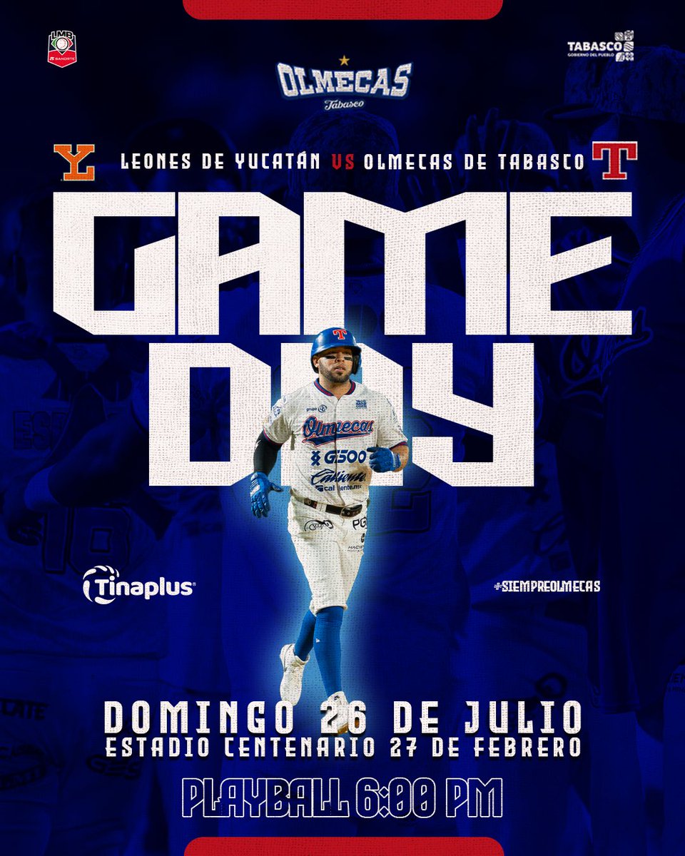 OlmecasTabasco's tweet photo. Vamos por el cierre de la serie junto a nuestra afición. ⚾🗿

📺 TVT / TV Ujat 
📱AyM Sport / https://t.co/49wH8VYRMl / Caliente Live Streaming 
📻 XEVA Tabasco 91.7 FM

Presentado por: #Tinaplus

#SiempreOlmecas

#SiempreOlmecas https://t.co/OM9D6IZZAQ