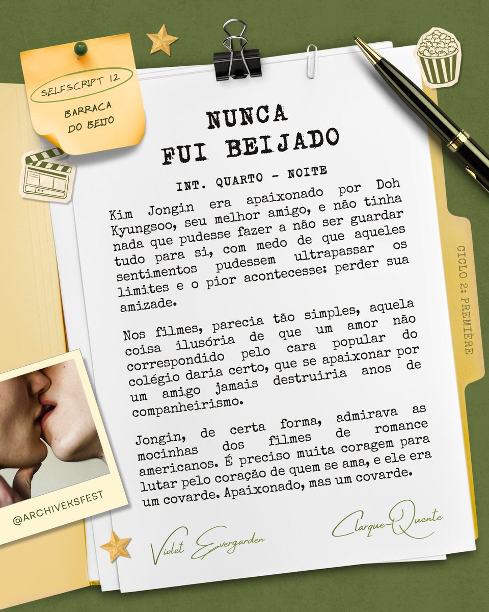 archiveksfest's tweet photo. 🎬 #SELFSCRIPT12 - Nunca Fui Beijado
🎥 Clarque-Quente e Violet Evergarden
🍿 Barraca do Beijo (2018)
⭐ #ArchiveQuotes https://t.co/MLQOyGyLVB