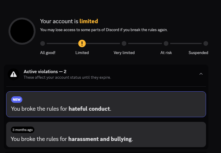 MaelyTheAngel's tweet photo. Hi @discord_support, I'm a bit confused about my account limitation. The notice says it's for Hateful Conduct from 1,847 days ago. I'm trying to understand how content from about five years ago resulted in a limitation now. Could you clarify how these reviews work? Thanks. https://t.co/FAFusDryHA