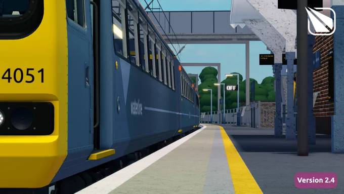 A Pacer style train in Waterline livery can be seen during the day at Rosedale Village station. The front headlight and a partial unit number of '4051' is shown, along with the side of the train. A rural platform with trees in the background can be seen. Taken in Stepford County Railway, a Roblox game.