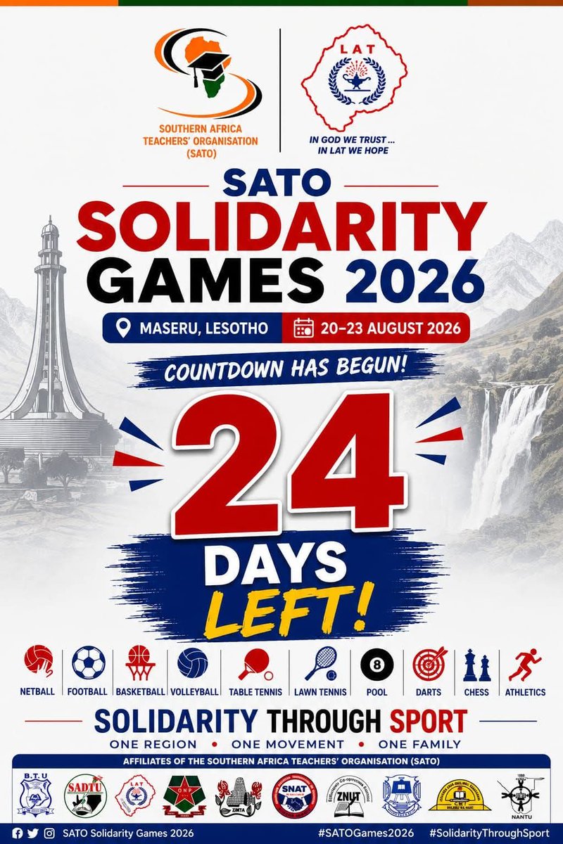 _cosatu's tweet photo. Members of #SADTU are preparing to participate in the Southern Africa Teacher's Organization annual #SATOGames2026 in Maseru, Lesotho on the 20th until the 23rd August
#ClassSolidarity
#Internationalism
#OneRegion
#SATOGames2026
@MorningLiveSABC https://t.co/hDdXDwS6YT