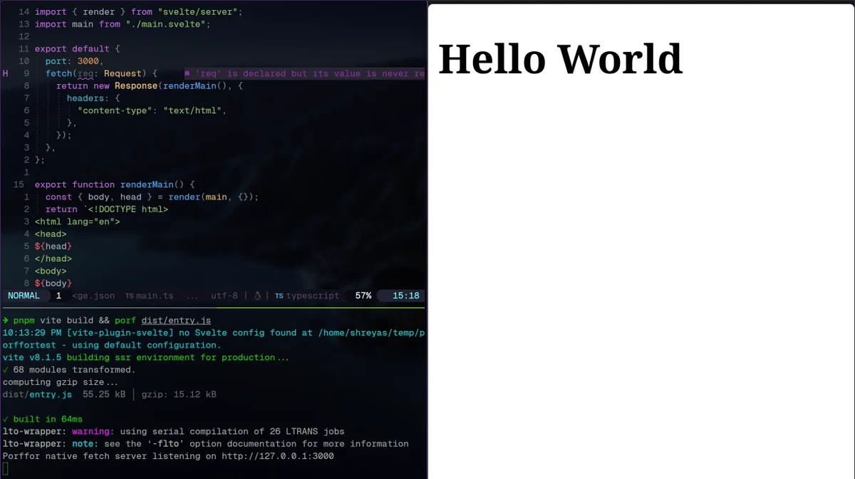 a screenshot showing 2 windows side by side one with some code that sets up a porffor server request handler that renders a simple svelte file. on the right is a browser window showing Hello world in big text