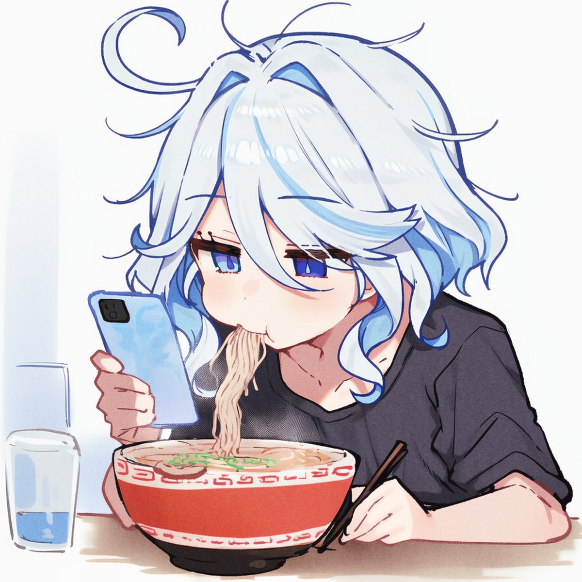 Unajyudayo's tweet photo. スマホ見ながらラーメンずるずるフリーナ https://t.co/cP6ZN51HfT