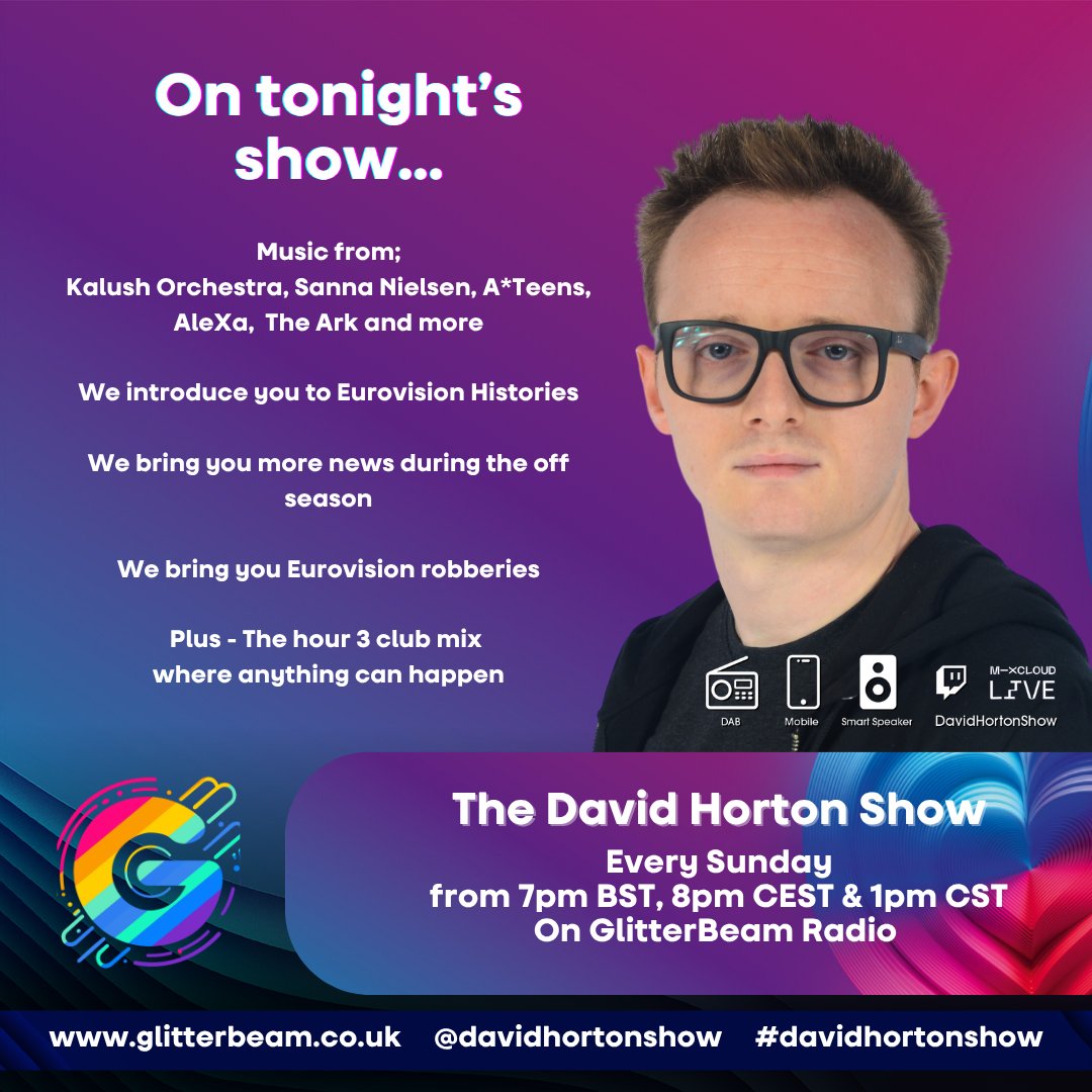 davidhortonshow's tweet photo. It's #davidhortonshow day and we have a bumper line up tonight from 7pm UK on @GlitterBeamUK 

📰 All the latest @eurovision news
🖼️ Eurovision Histories
🎵 Your Requests
🚨 Eurovision Robberies
🪩 Club Mix

See you all shortly.... https://t.co/KhKNNLCCov