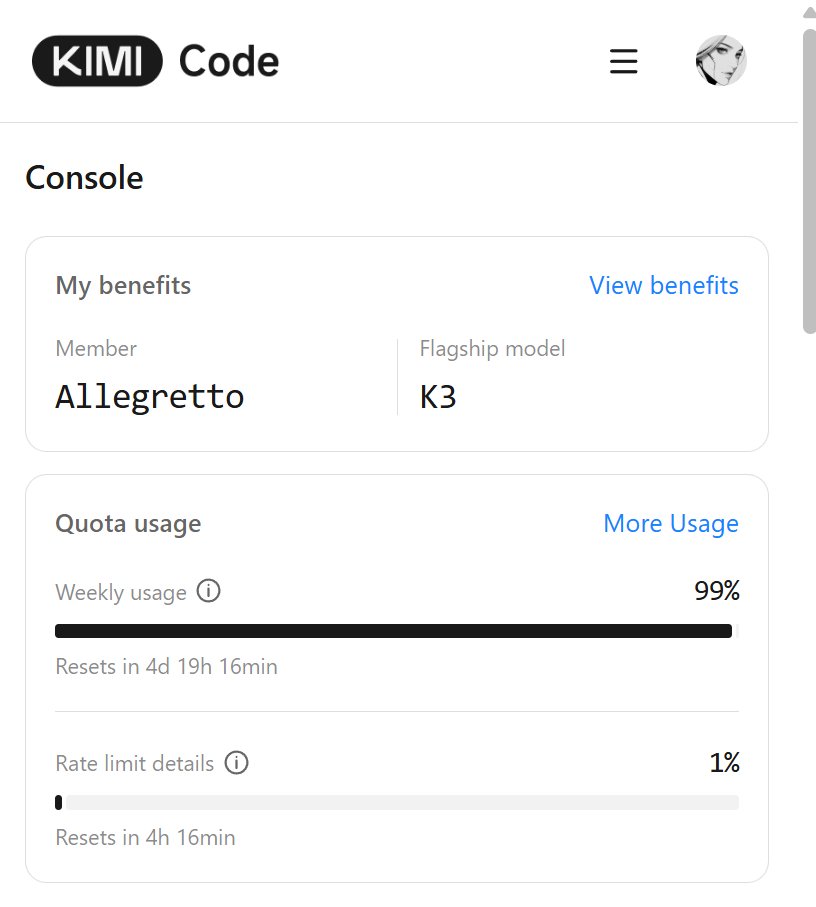 MiaAI_lab's tweet photo. A few 5h sessions of Kimi K3 and it's gone.
Please fix this @Kimi_Moonshot https://t.co/Hrvcg6Bmw7