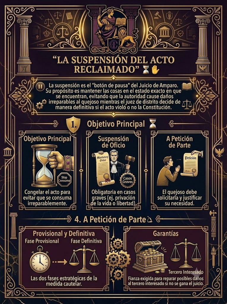 CIEJEMX's tweet photo. 🚨 ¡Continuamos con nuestra serie! Hoy es turno del Tema 5: La Suspensión del Acto Reclamado. ⏳✋

Desliza en nuestra nueva infografía para entender el "botón de pausa" del amparo:
✅ Su objetivo principal (congelar el acto).
✅ Suspensión de oficio y a petición de parte.
✅ Fases provisional y definitiva.
✅ El uso de garantías (fianzas).

Descubre cómo esta medida cautelar evita daños irreparables mientras el juez decide de manera definitiva si hubo violación a la Constitución. ⚖️

📲 Guarda este post para tu estudio y descubre nuestros programas en https://t.co/Z4Enevl3lq

#CIEJE #DerechoDeAmparo #Abogados #ProcesalConstitucional #Derecho #EducacionJuridica #JuicioDeAmparo