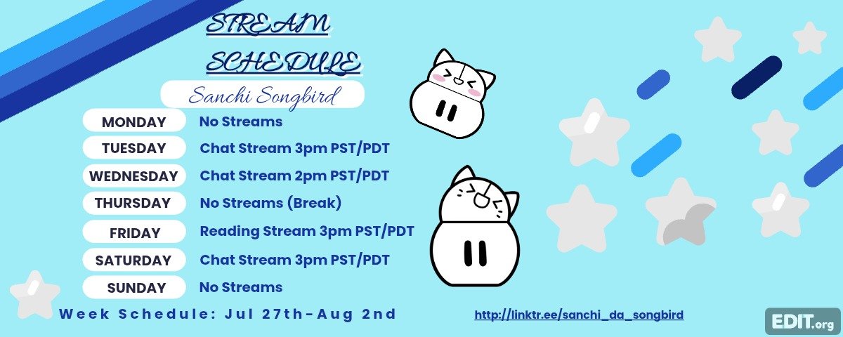 Sanchi_Songbird's tweet photo. Babybirds here's our new stream schedule for this week. July 27th-Aug 2nd.🎶💙🕊️ #IRIAM_US 

 #IRIAM #VTuber #Streamer #IRIAMUS #Vibes #SongbirdSanchi #IRIAMEAS #Schedule #Songbird 👀✨ https://t.co/C7f9Fuqwti