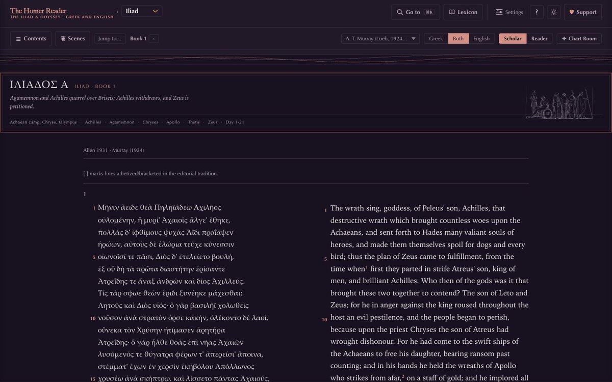 johnhboyer's tweet photo. The Iliad and the Odyssey, Greek and English side by side, free.

Click any Greek word for LSJ and Cunliffe. Scene summaries, maps, genealogies, a character network, hexameter scansion.

The digital Landmark Homer that never existed in print.

https://t.co/L20gGV1ZEX https://t.co/aXhMyMrXZx