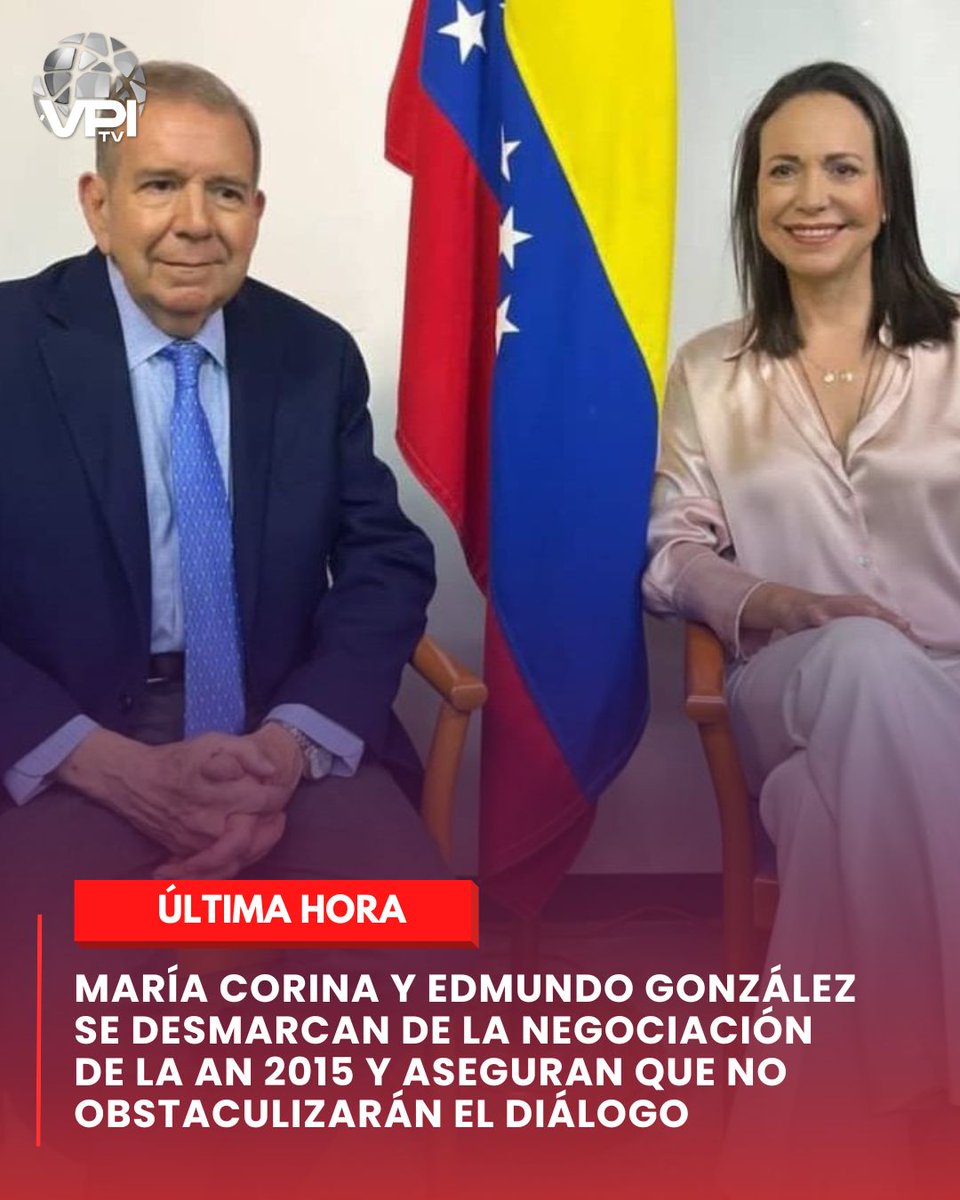VPITV's tweet photo. María Corina Machado y Edmundo González se desmarcan de la negociación entre la Asamblea Nacional 2015 y el régimen de Delcy Rodríguez. 

A través de un comunicado conjunto, los líderes de la oposición aclararon que no participaron en el diseño ni en el funcionamiento del mecanismo anunciado recientemente por miembros de la Asamblea Nacional de 2015 y el parlamento del oficialismo.

Aseguraron que no intervendrán en explicar sus alcances ni decisiones, aunque señalaron que no serán un obstáculo para ninguna iniciativa, siempre que garantice resultados concretos como la liberación de presos políticos y un cronograma electoral oportuno. #VPItv.