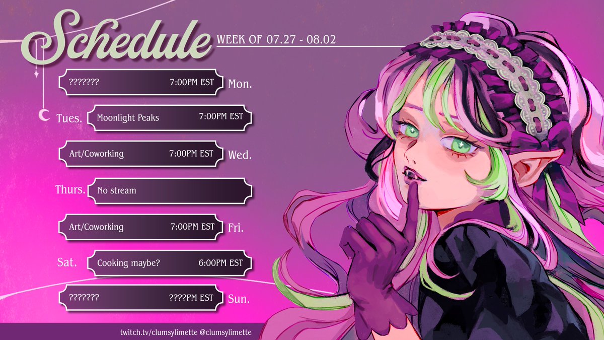 ClumsyLimette's tweet photo. hellowwww rough schedule for the week!! might still be shuffled and tweaked a bit, this is the best ya gonna get :>> https://t.co/OVP4grPUGP