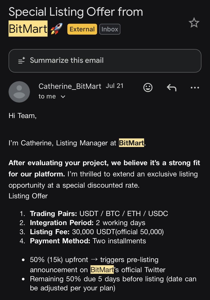 0xBoobavelli's tweet photo. sorry i am late to this but offering a listing with $30k upfront fee 4 days before the shutdown is diabolical, rest in piss BitMart you won’t be missed https://t.co/yKRrY30482