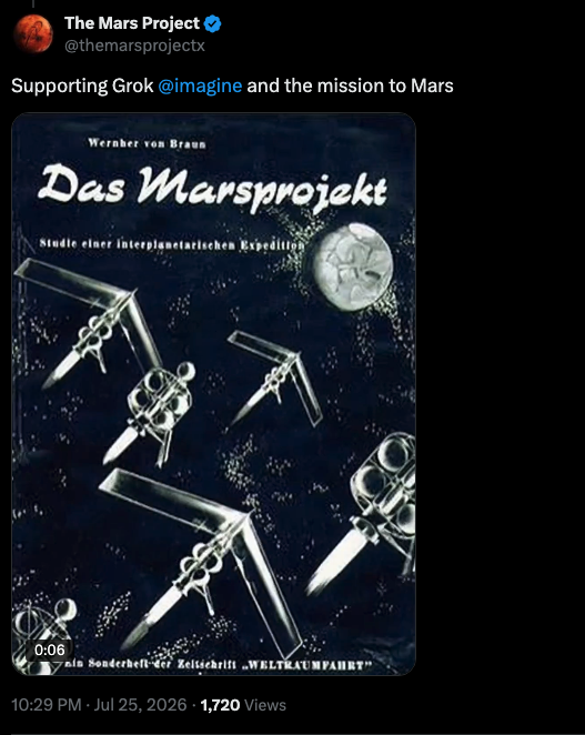themarsprojectx's tweet photo. The future is now. In 1948, rocket pioneer Wernher von Braun wrote The Mars Project and envisioned a Martian democracy where the elected supreme leader held the official title "Elon"  Decades later, Elon Musk is the one leading the real life mission to Mars.  🪐🚀 https://t.co/XzvZdtxkVA