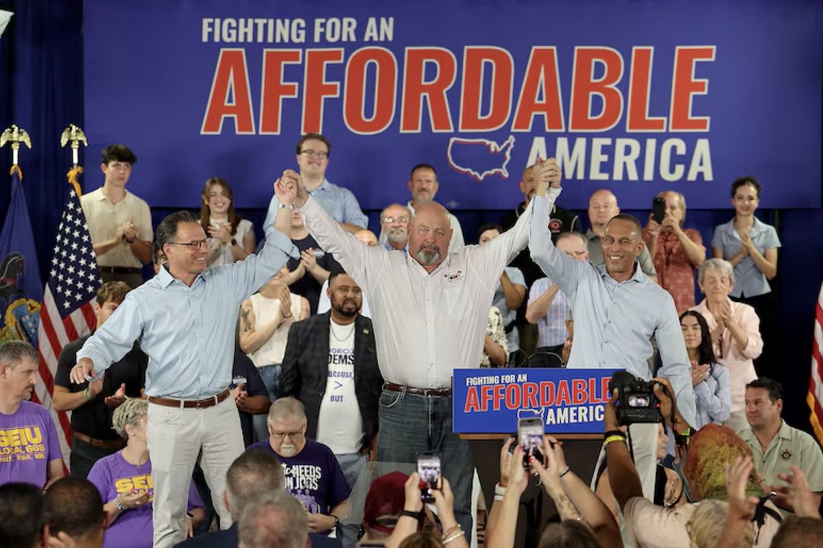 PollTracker2024's tweet photo. Hakeem Jeffries and Josh Shapiro rally for Democrat Bob Brooks who is running in Pennsylvania's 7th congressional district. https://t.co/w3A8L3ZBbr