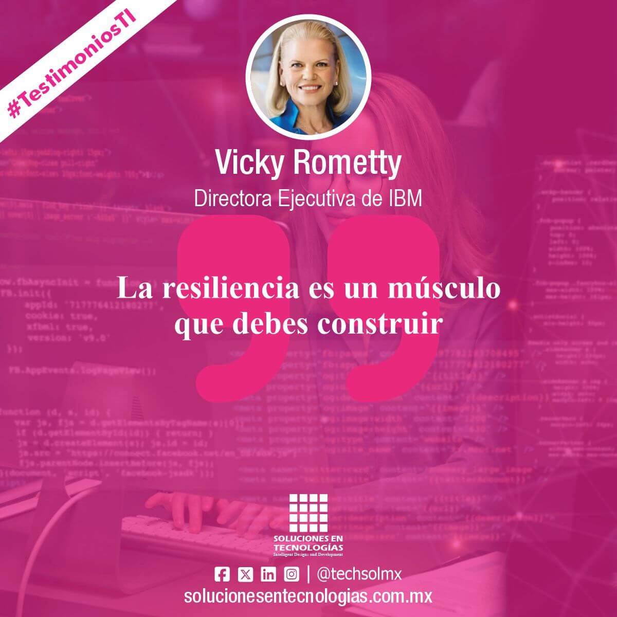 techsolmx's tweet photo. «La resiliencia es un músculo que debes construir». Vicky Rometty, Directora Ejecutiva de IBM. Ver más: https://t.co/ofHj3WOieN

Síguenos en Facebook | Twitter | LinkedIn | Instagram: @techsolmx

#SomosSoluciones #TestimoniosTI #VickyRometty #IBM #Tecnologías #Tecnología #TIC #IT https://t.co/yNslMnjftZ