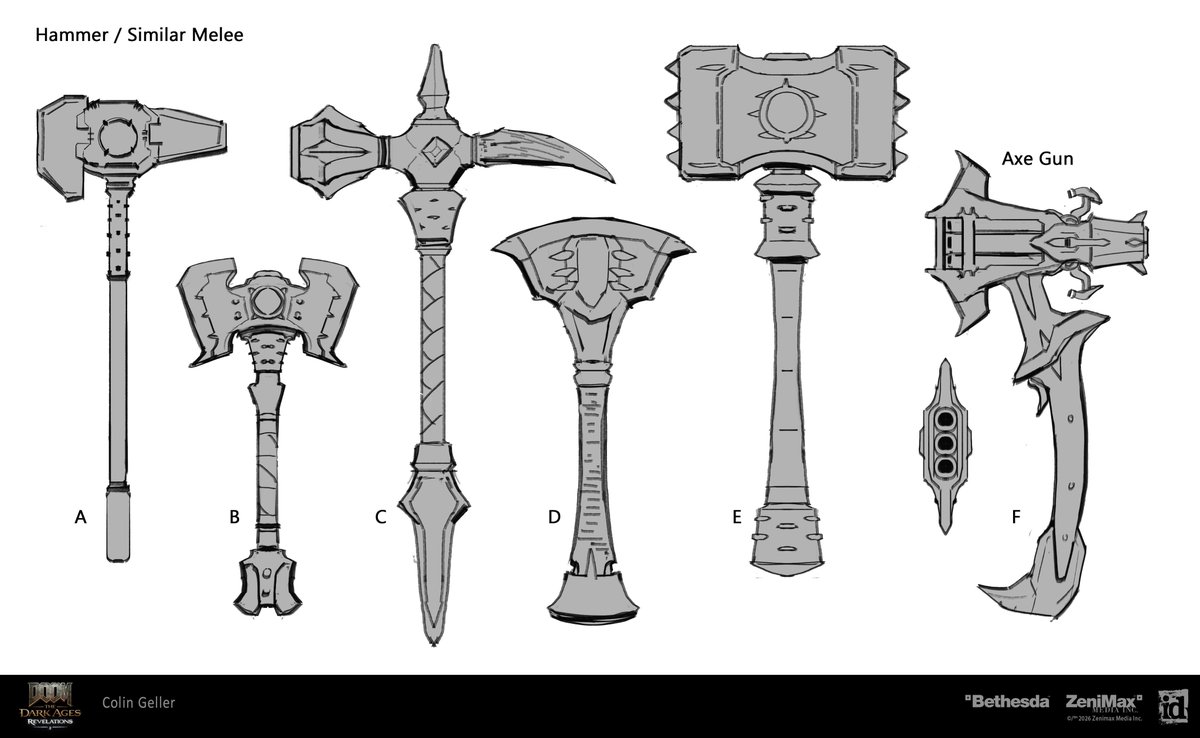 MistaksWerMade's tweet photo. DOOM: The Dark Ages | Revelations 
~ Melee Weapon Exploration ~

In the very early days of development on DOOM: The Dark Ages | Revelations I was tasked to explore some melee weapon options. I tried out several things including a Hammer, Sword, Spear and specialty 'trick' shield that could transform. 

I started with a lot of quick sketches of various ideas before taking a few into 3D. 

The first round of 3D blockouts were done to explore how these could look to the player and more importantly how they would affect the screen space. Throughout all of Dark Ages and Revelations productions I worked closely with the design team to make sure we had a good and safe balance of how much space weapons took up on screen. This has been common practice for the franchise all the way back to DOOM (2016). 

After the first round of 3D blockout, the feedback was to replace the shield with the melee weapon which at the time I thought was wild…. But definitely the right call. 

The subtle or dramatic iterations are always helpful to also see if we may or may not want to do something. 

Just a note that I didn’t come up with the idea of doing a spear as it was part of the conversation at the time. Nor did I tackle the final pass on it; that was done by Ethan Evans! Shotgun and Shield Models taken from engine, all other weapon blackouts modeled by me. Also, before these iterations I had even done some traditional sketches on paper which unfortunately I do not have. 

Follow, Like , Share, etc for more !

A LOT more on Artstation:
https://t.co/z1Kz7dt71I