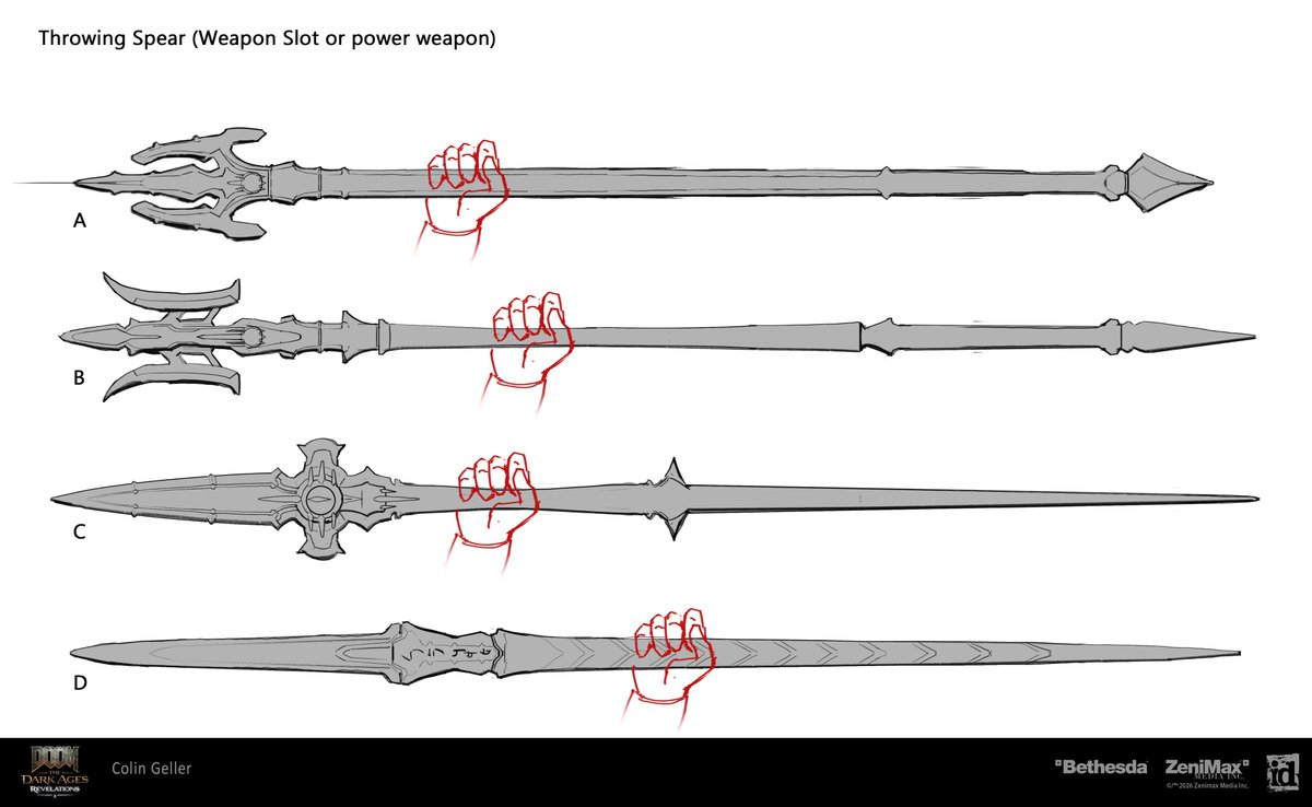 MistaksWerMade's tweet photo. DOOM: The Dark Ages | Revelations 
~ Melee Weapon Exploration ~

In the very early days of development on DOOM: The Dark Ages | Revelations I was tasked to explore some melee weapon options. I tried out several things including a Hammer, Sword, Spear and specialty 'trick' shield that could transform. 

I started with a lot of quick sketches of various ideas before taking a few into 3D. 

The first round of 3D blockouts were done to explore how these could look to the player and more importantly how they would affect the screen space. Throughout all of Dark Ages and Revelations productions I worked closely with the design team to make sure we had a good and safe balance of how much space weapons took up on screen. This has been common practice for the franchise all the way back to DOOM (2016). 

After the first round of 3D blockout, the feedback was to replace the shield with the melee weapon which at the time I thought was wild…. But definitely the right call. 

The subtle or dramatic iterations are always helpful to also see if we may or may not want to do something. 

Just a note that I didn’t come up with the idea of doing a spear as it was part of the conversation at the time. Nor did I tackle the final pass on it; that was done by Ethan Evans! Shotgun and Shield Models taken from engine, all other weapon blackouts modeled by me. Also, before these iterations I had even done some traditional sketches on paper which unfortunately I do not have. 

Follow, Like , Share, etc for more !

A LOT more on Artstation:
https://t.co/z1Kz7dt71I