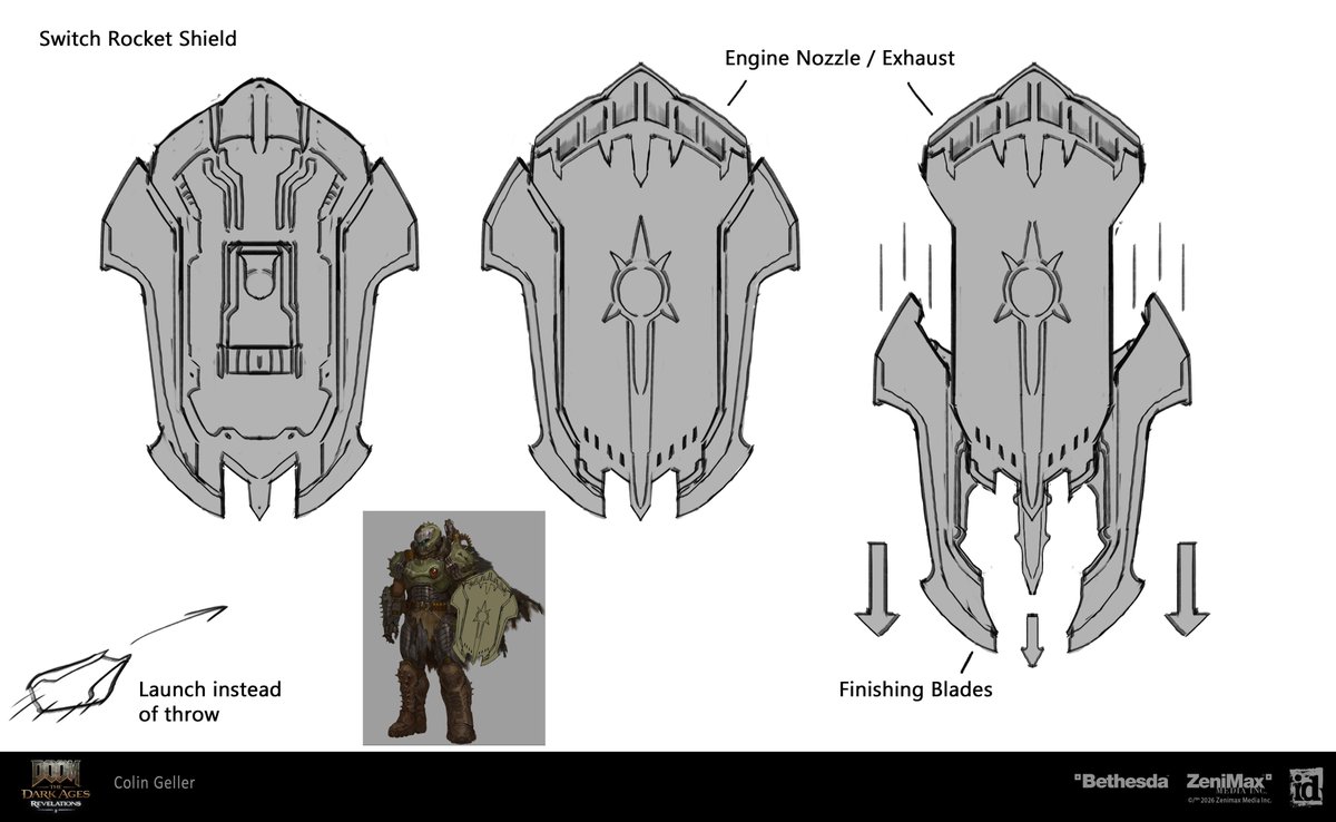 MistaksWerMade's tweet photo. DOOM: The Dark Ages | Revelations 
~ Melee Weapon Exploration ~

In the very early days of development on DOOM: The Dark Ages | Revelations I was tasked to explore some melee weapon options. I tried out several things including a Hammer, Sword, Spear and specialty 'trick' shield that could transform. 

I started with a lot of quick sketches of various ideas before taking a few into 3D. 

The first round of 3D blockouts were done to explore how these could look to the player and more importantly how they would affect the screen space. Throughout all of Dark Ages and Revelations productions I worked closely with the design team to make sure we had a good and safe balance of how much space weapons took up on screen. This has been common practice for the franchise all the way back to DOOM (2016). 

After the first round of 3D blockout, the feedback was to replace the shield with the melee weapon which at the time I thought was wild…. But definitely the right call. 

The subtle or dramatic iterations are always helpful to also see if we may or may not want to do something. 

Just a note that I didn’t come up with the idea of doing a spear as it was part of the conversation at the time. Nor did I tackle the final pass on it; that was done by Ethan Evans! Shotgun and Shield Models taken from engine, all other weapon blackouts modeled by me. Also, before these iterations I had even done some traditional sketches on paper which unfortunately I do not have. 

Follow, Like , Share, etc for more !

A LOT more on Artstation:
https://t.co/z1Kz7dt71I