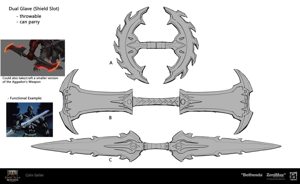 MistaksWerMade's tweet photo. DOOM: The Dark Ages | Revelations 
~ Melee Weapon Exploration ~

In the very early days of development on DOOM: The Dark Ages | Revelations I was tasked to explore some melee weapon options. I tried out several things including a Hammer, Sword, Spear and specialty 'trick' shield that could transform. 

I started with a lot of quick sketches of various ideas before taking a few into 3D. 

The first round of 3D blockouts were done to explore how these could look to the player and more importantly how they would affect the screen space. Throughout all of Dark Ages and Revelations productions I worked closely with the design team to make sure we had a good and safe balance of how much space weapons took up on screen. This has been common practice for the franchise all the way back to DOOM (2016). 

After the first round of 3D blockout, the feedback was to replace the shield with the melee weapon which at the time I thought was wild…. But definitely the right call. 

The subtle or dramatic iterations are always helpful to also see if we may or may not want to do something. 

Just a note that I didn’t come up with the idea of doing a spear as it was part of the conversation at the time. Nor did I tackle the final pass on it; that was done by Ethan Evans! Shotgun and Shield Models taken from engine, all other weapon blackouts modeled by me. Also, before these iterations I had even done some traditional sketches on paper which unfortunately I do not have. 

Follow, Like , Share, etc for more !

A LOT more on Artstation:
https://t.co/z1Kz7dt71I