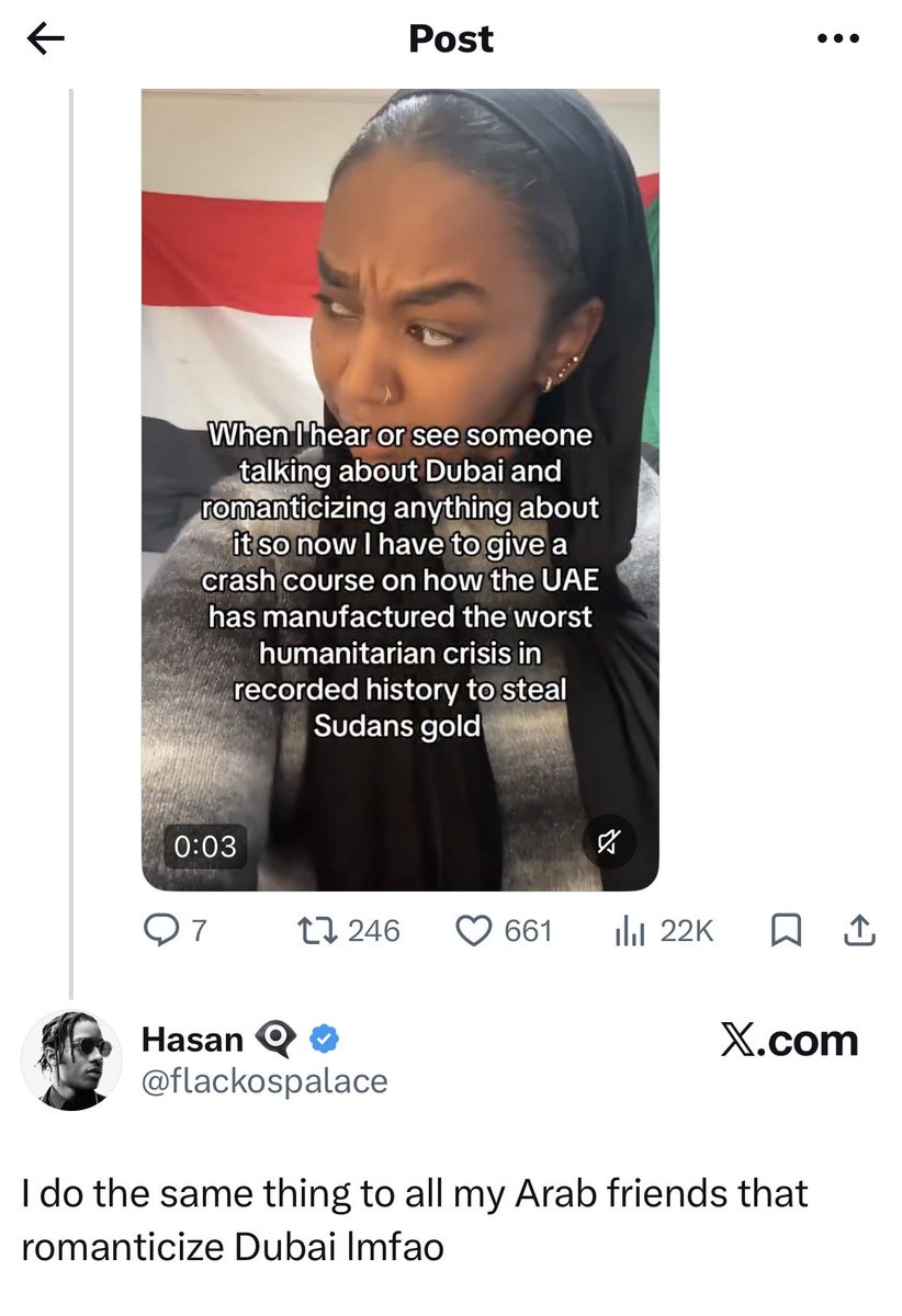 saroyahx's tweet photo. This is sooo sick. You told people to boycott the UAE because it’s committing genocide in Sudan, shamed celebrities for performing there, claimed you “crash course” anyone who romanticizes Dubai… then you went there and promoted it yourself @flackospalace https://t.co/WyR5ld1Dgi
