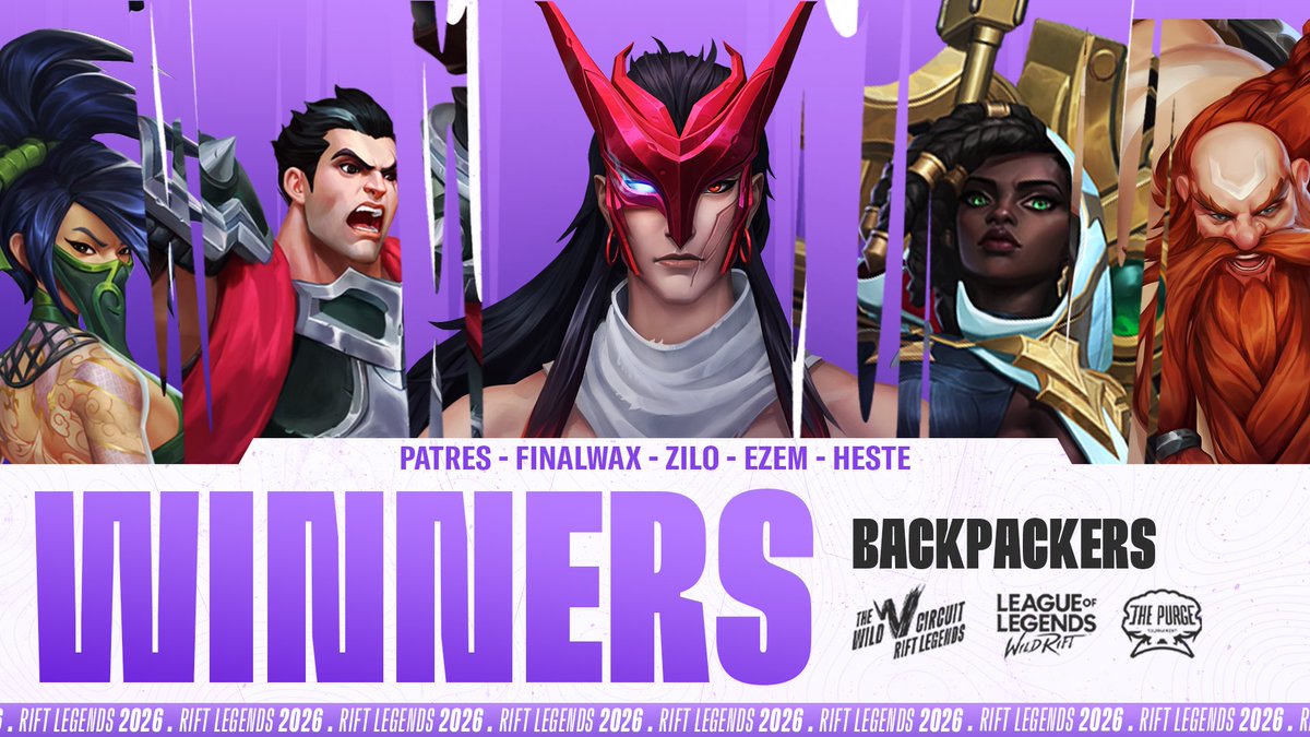 PurgeTournament's tweet photo. 🏆 Your #RiftLegends 2026 Champions!

Congratulations to Patres, FinalWax, Zilo, Ezem and Heste for lifting the Rift Legends Trophy! 👑

Thank you to every team that competed and everyone who tuned in to support the event. You made this tournament unforgettable! 💜

GGWP to all! 🔥