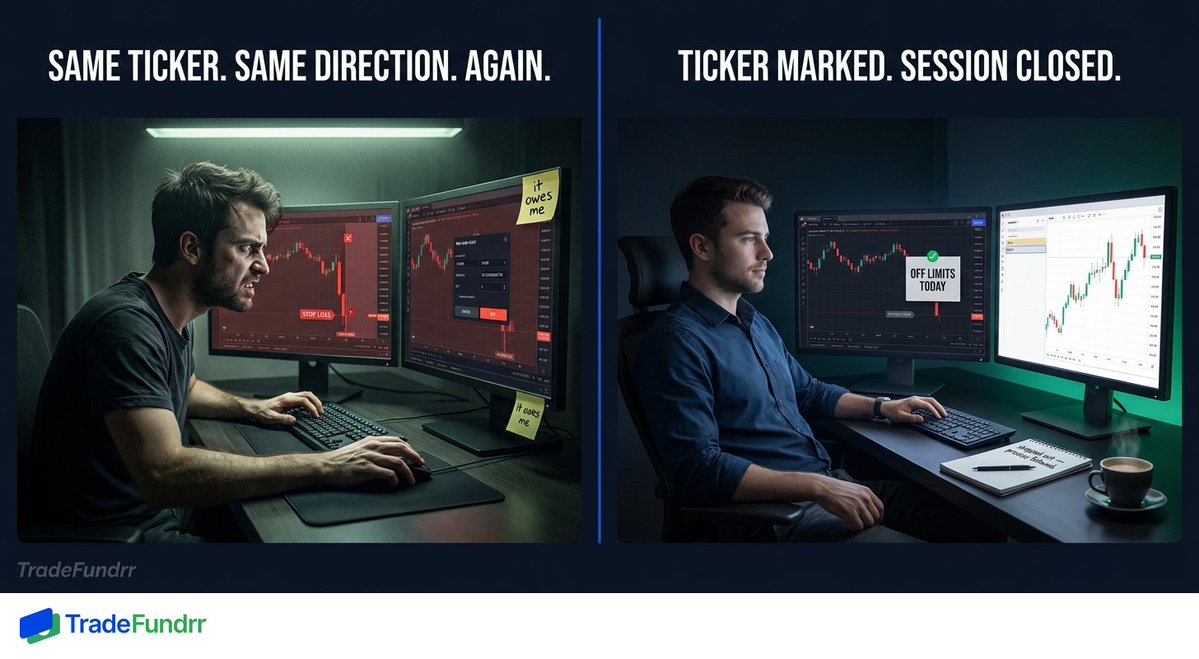 TradeFundrr's tweet photo. The market doesn't owe you a recovery. The stop was the decision. Everything after it is a new one.

Trading involves substantial risk. https://t.co/nTRkmU5C79