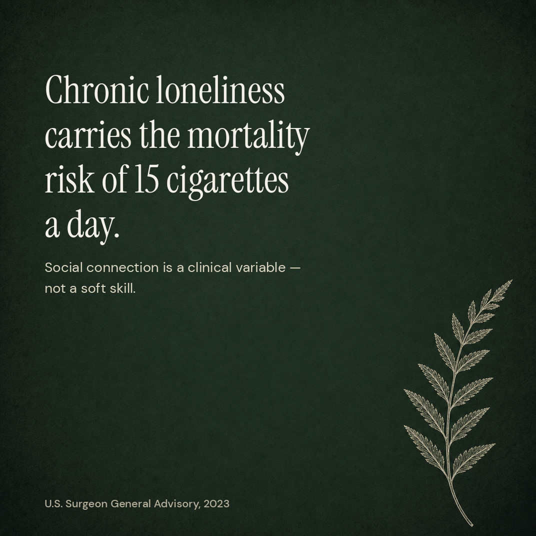 theWisdomMethod's tweet photo. Chronic loneliness carries a mortality risk comparable to smoking 15 cigarettes a day — a finding that reframes disconnection as a public-health issue, not just an emotional one (U.S. Surgeon General, 2023) #wisdommethod #evidencebasedcare #preventivecare #healthspan https://t.co/LskR24k4MJ