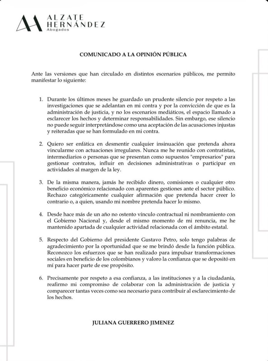 Melquisedec70's tweet photo. De este comunicado de la señorita Juliana Guerrero, sin firma y con membrete de una oficina de abogados:
1. No menciona a su hermana Verónica.
2. En el punto 3 deja entrever que acusa a alguien más, ¿su hermana Verónica?, de usar su nombre.
3. En las revelaciones de @RevistaSemana la mayoría de chats son de Verónica
4. No nos distraigamos mucho; hay actos de corrupción de este gobierno muchísimo peores que esto. Es obvio que este tiene más morbo, más carne, más piel para la galería. Petro y el Pacto Histórico están felices con que estemos ocupados de este par de muchachas mientras se disponen a echarle mano a $8 BILLONES usando el Decreto de "desastre nacional".