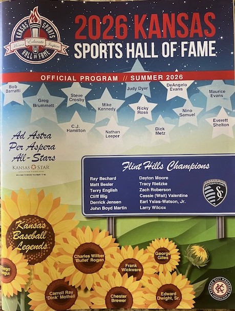 kshof's tweet photo. 2026 KSHOF induction ceremony at @kansas_star. Clockwise from upper left: Event program; 1968 Olympian Judy Dyer of Topeka; 1989 College World Series MVP &amp; @GoShockers RHP Greg Brummett; Kansas 1996 Gatorade Hoops Player of the Year at Wichita Collegiate &amp; NBA vet Maurice Evans. https://t.co/uQLYyKYNVq